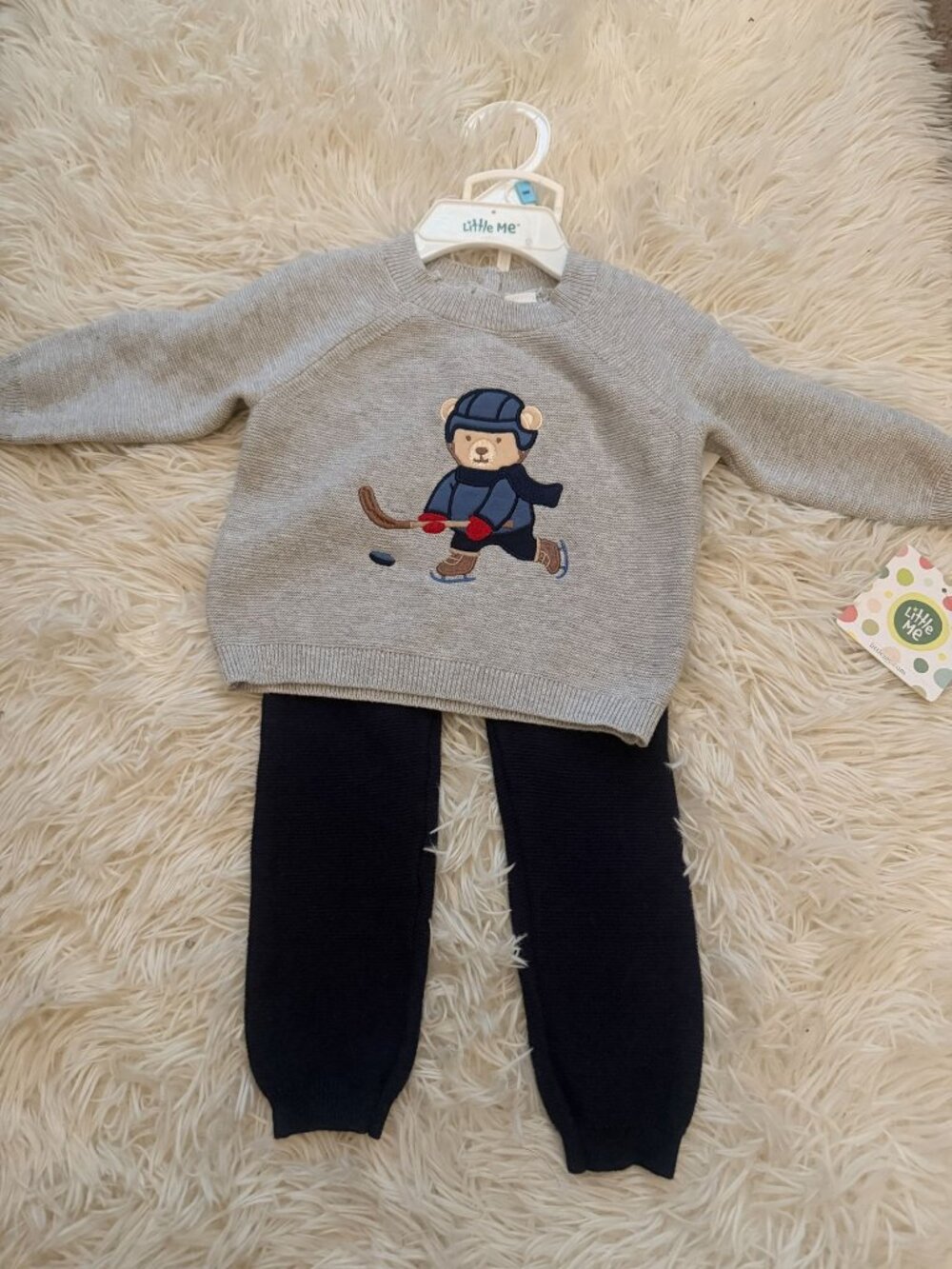 NWT Little Me Infant Boys 2 Piece Knit Set Teddy Bear Playing Hockey 6m